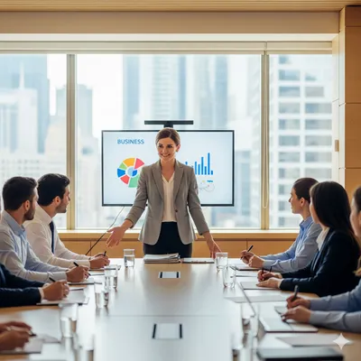 Un líder empresarial presentando un informe a un equipo diverso en una moderna sala de juntas, simbolizando el liderazgo empresarial.