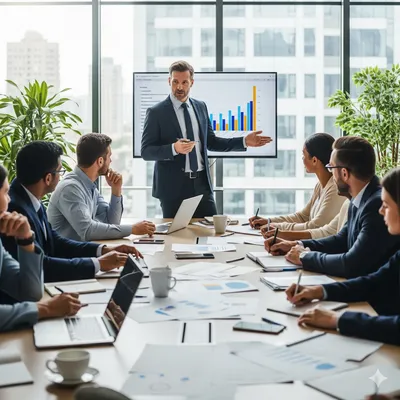 Líder de negocios de pie, dirigiéndose a un grupo de ejecutivos sentados alrededor de una mesa, mostrando el liderazgo empresarial.
