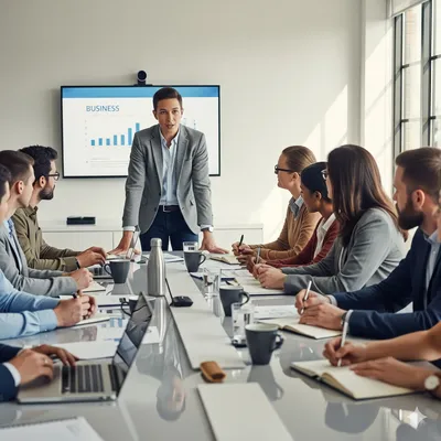 Profesional impartiendo una sesión de formación a colegas, destacando su rol en el liderazgo empresarial.